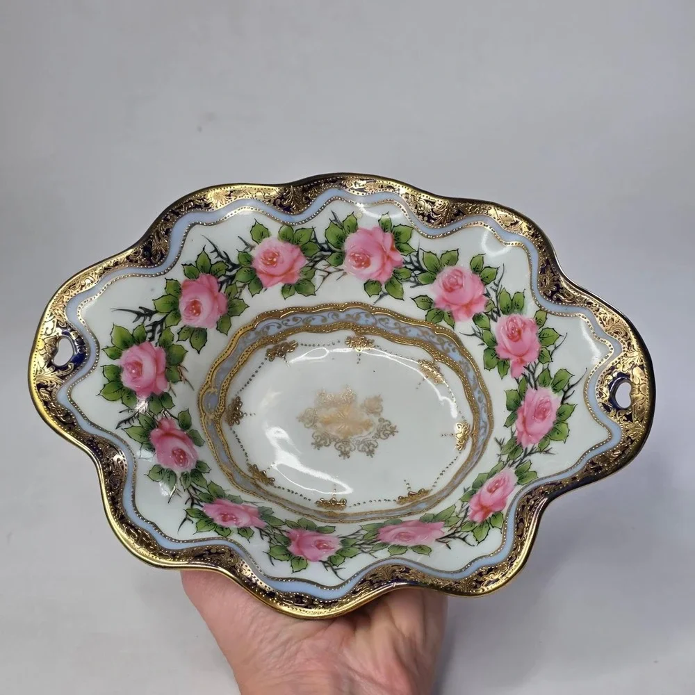 Antique Nippon IE&C Co Hand Painted 4-Footed Porcelain Bowl Cobalt Pink Roses 9